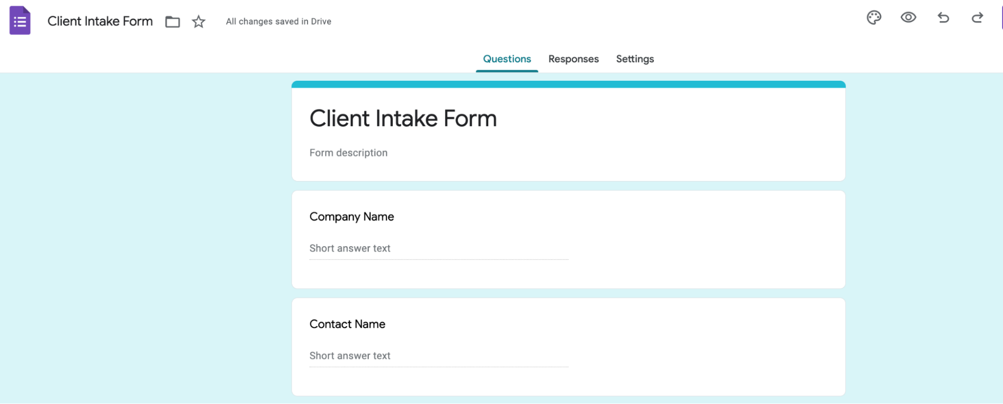 Screenshot of a client intake form on Google Forms.