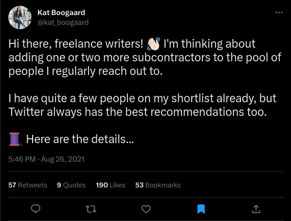 A twitter post from writer Kat Boogaard seeks recommendations for freelance subcontractors
